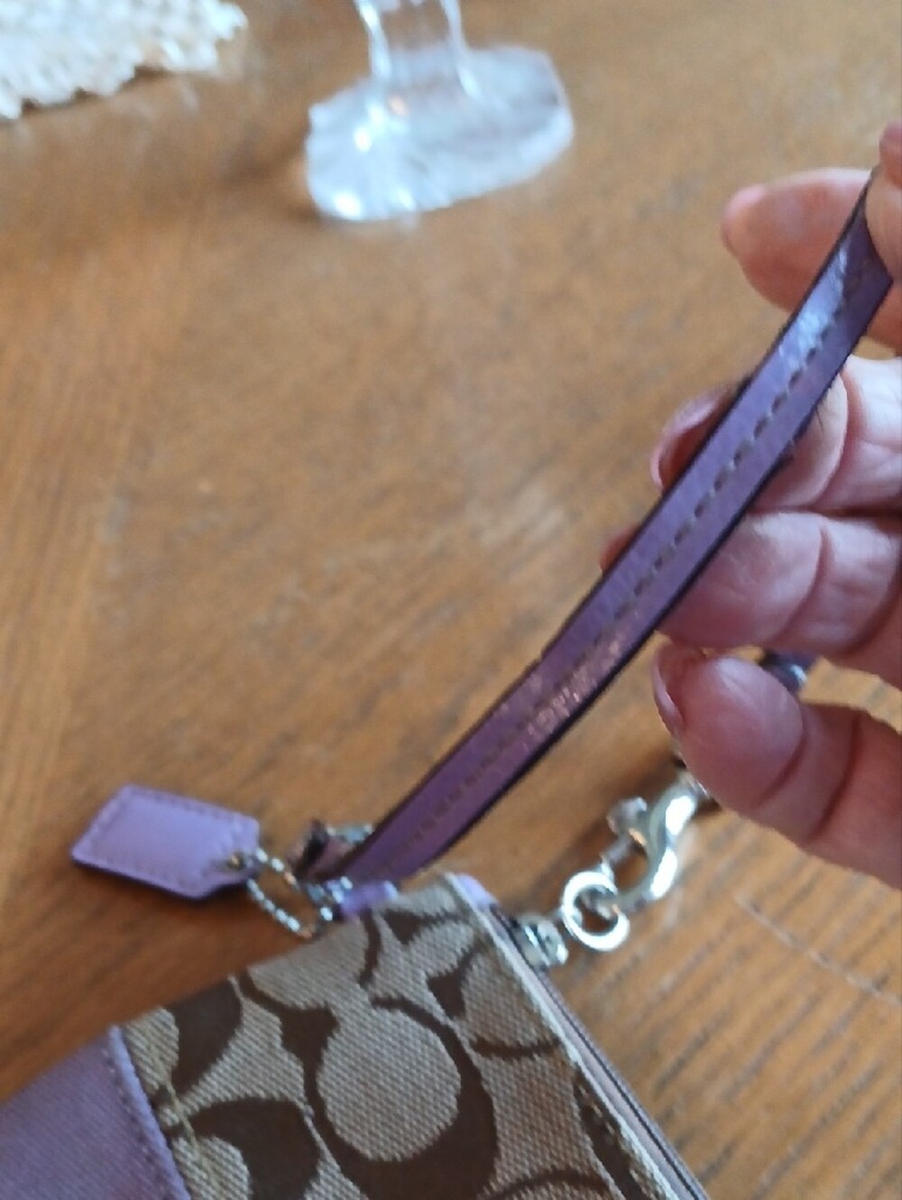 Coach Brown Signature Canvas Wristlet with Purple Trim - Picture 3 of 7